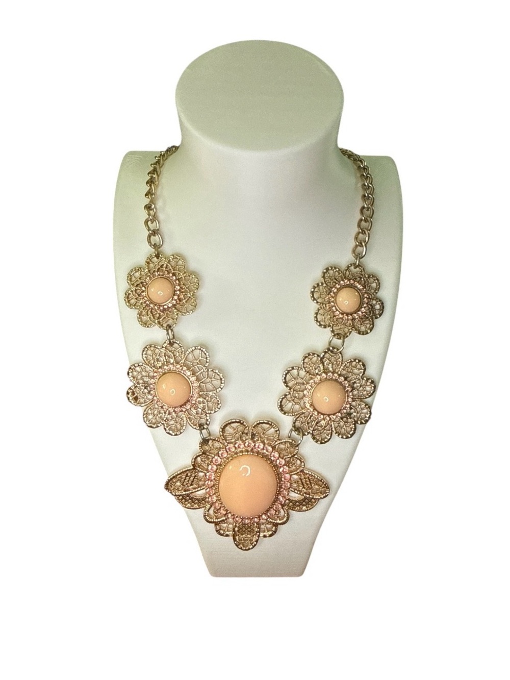 New York Victorian Inspired Statement Necklace Gold Filigree Pink Stone Vintage - Picture 5 of 5